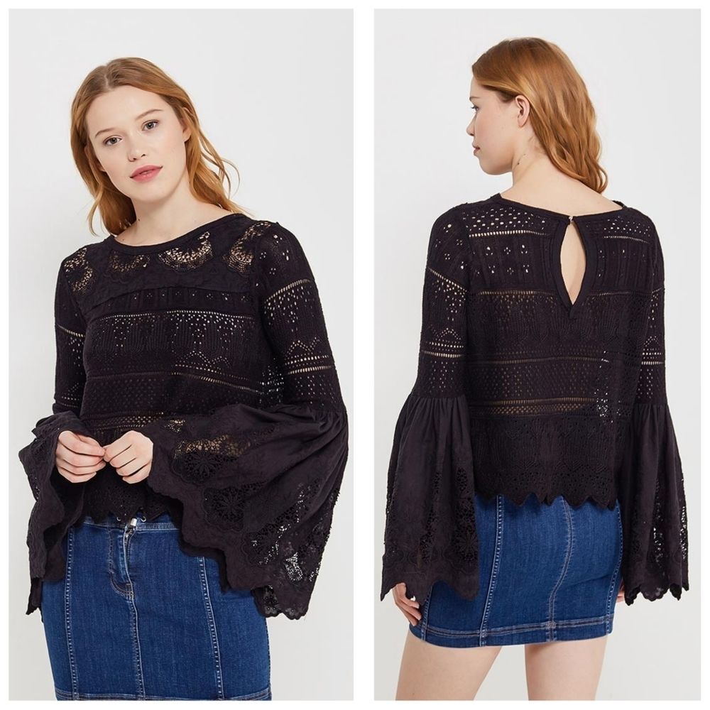 Free People|Once Upon-A-Time Black Bell Sleeve Lace Top, XS